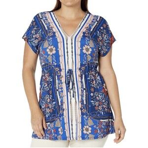 AVENUE Women’s Plus  Selina Scarf Tunic - navy Size 16 V Neck Elastic Waist